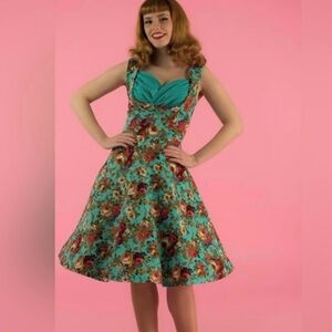 Lindy Bop Ophelia autumn and floral turquoise sweetheart  flare dress